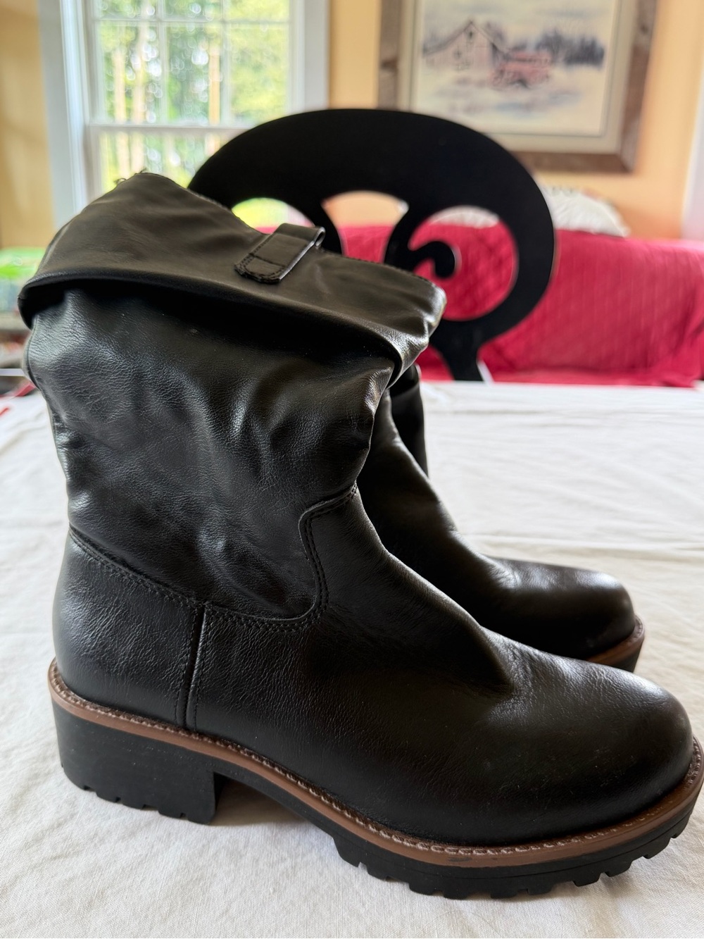 Leather Mid-Calf Black Heeled Boots with Lug Sole